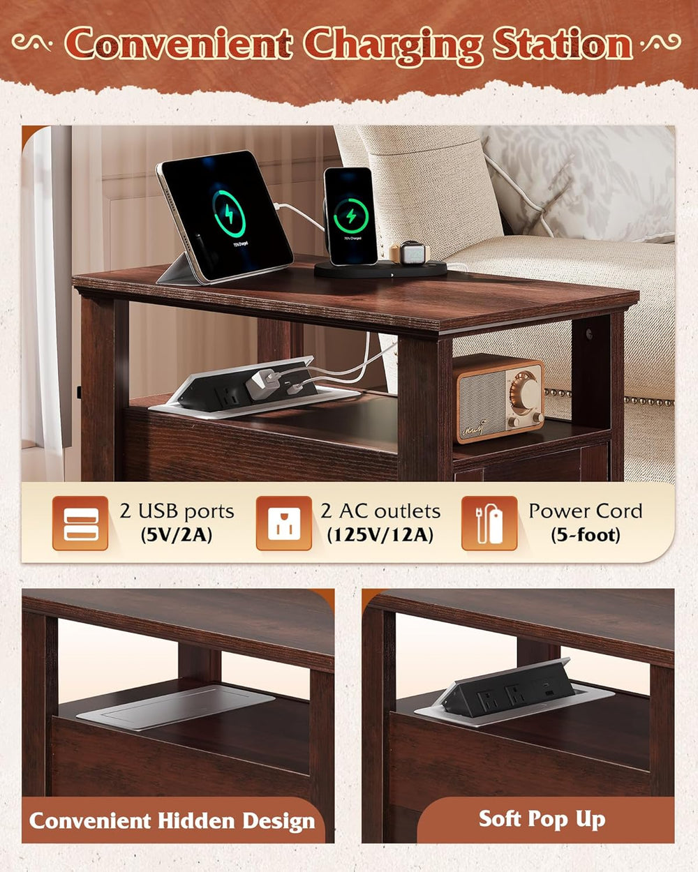 WLIVE Farmhouse End Table with Charging Station, Narrow Side Table with Stora...