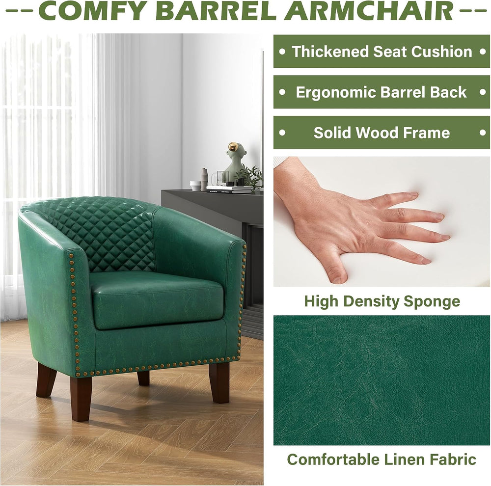 PU Leather Barrel Accent Chairs Set of 2, Upholstered Armchair, Green