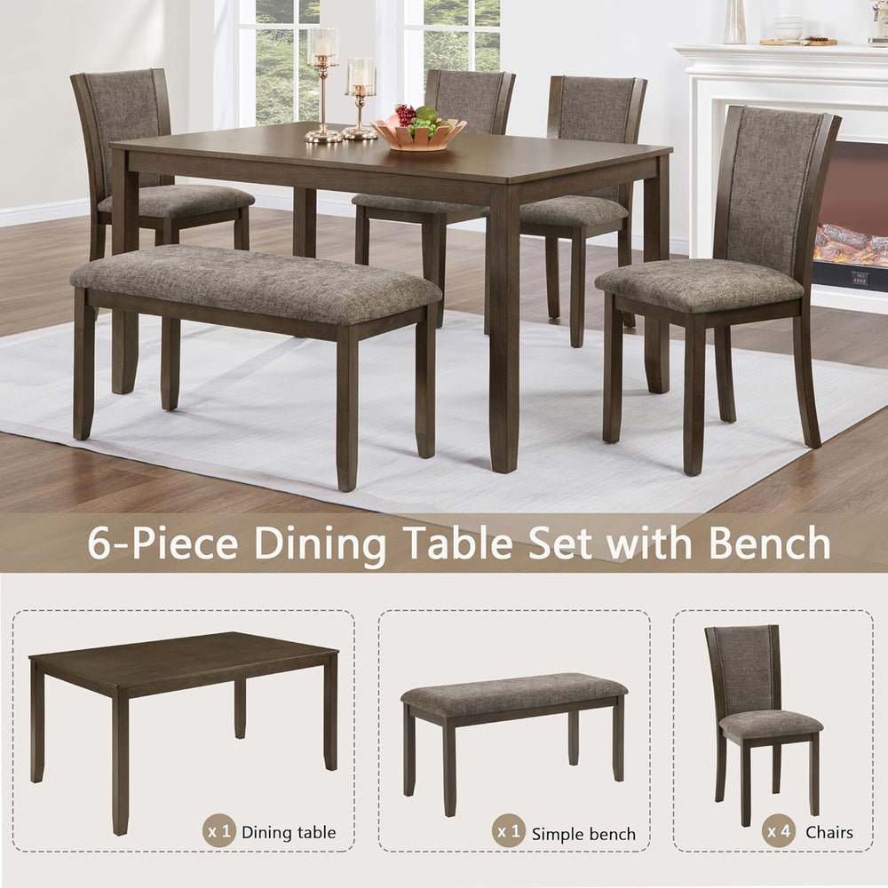 JIJIWANG 6-Piece Dining Table Set with Bench and Chairs, Wooden Dining Table ...
