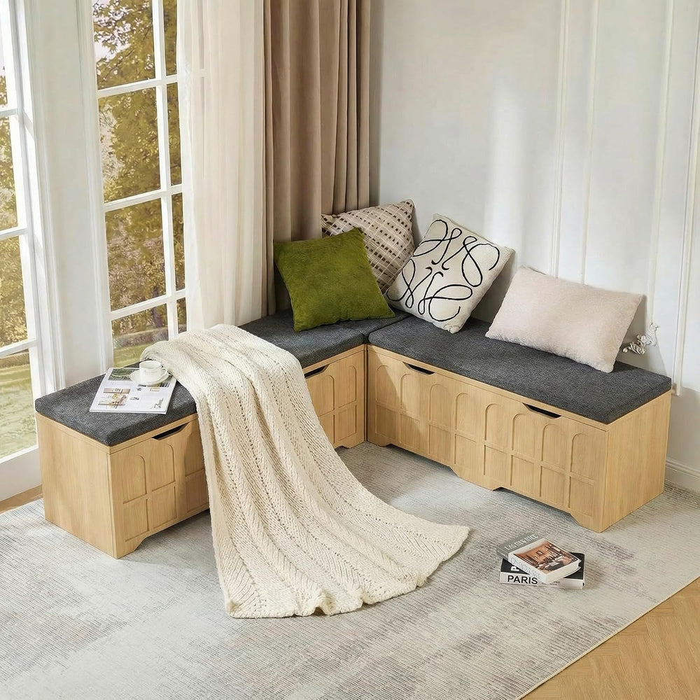 63" L-Shaped Bench with Cushion & Arched Doors, Breakfast Nook Bench...