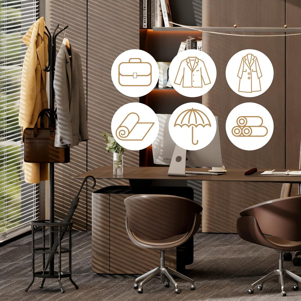 Coat Rack Freestanding with Umbrella Holder – Metal Hanger Stand, Hall Tree w...