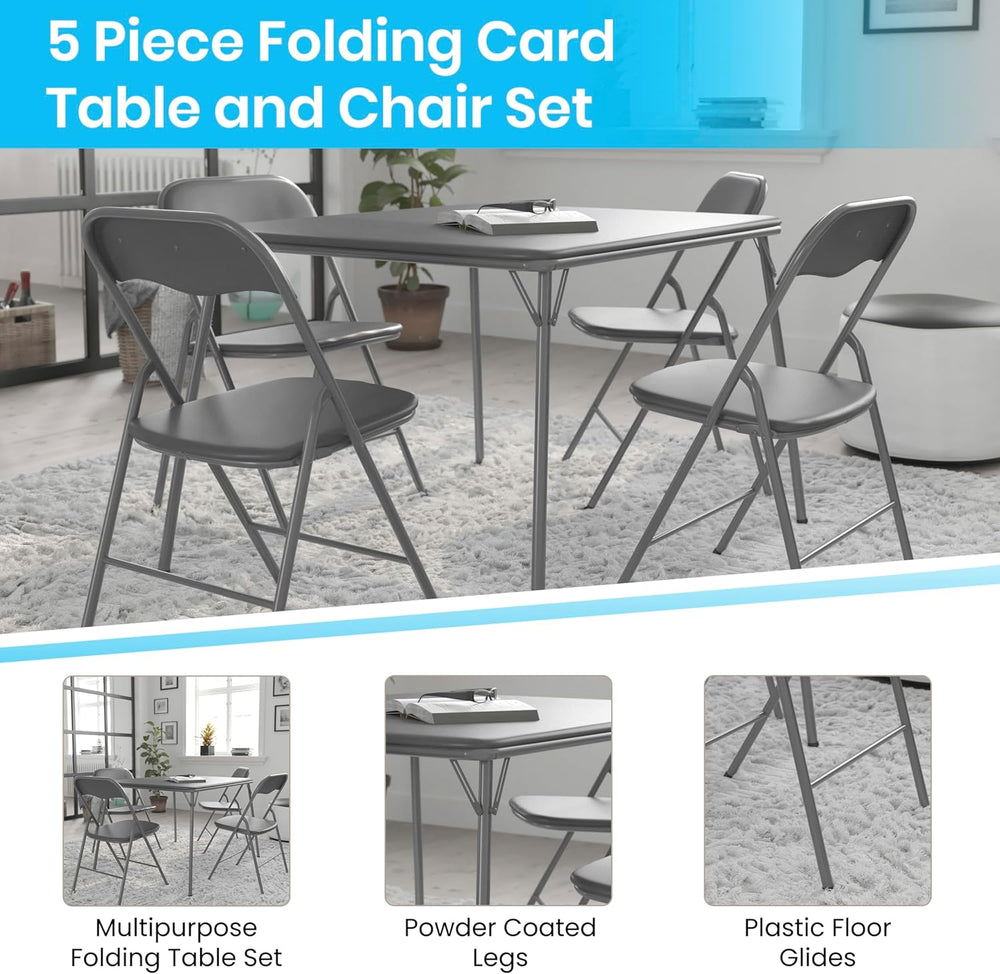 EMMA + OLIVER Gray Square Folding Card Table and Chairs Set for 4 Players | L...