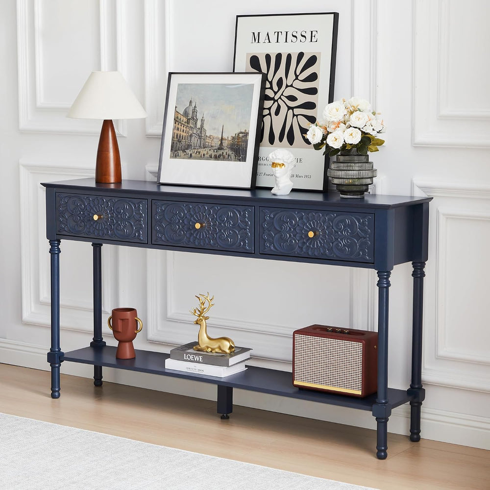 weselon 55.5" Carved Console Table with 3 Drawers, 2-Tier Sofa Table wit...