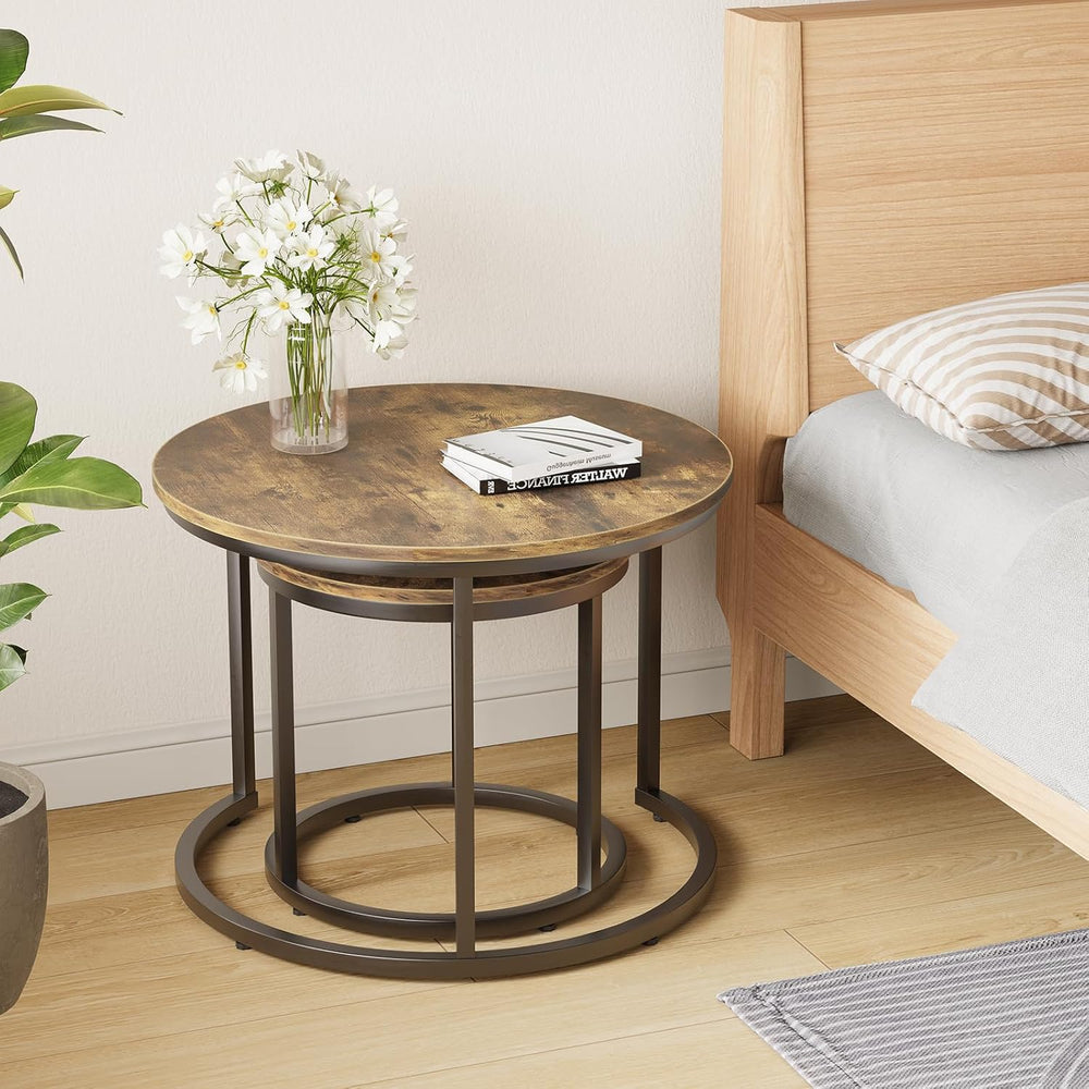 Smuxee Nesting Coffee Table Set of 2, 23.6" Round Coffee Table Rustic Wo...