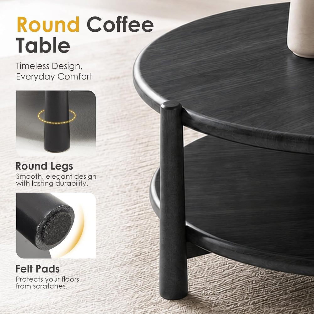 Black Round Coffee Table with Open Storage Shelf