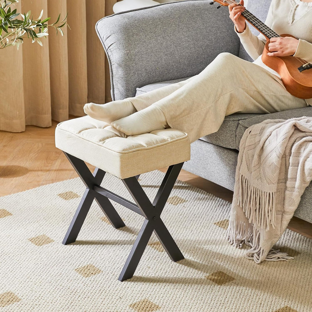 IBUYKE Square Makeup Stool with X-Leg, Linen Vanity Chair, Linen LG-70Y