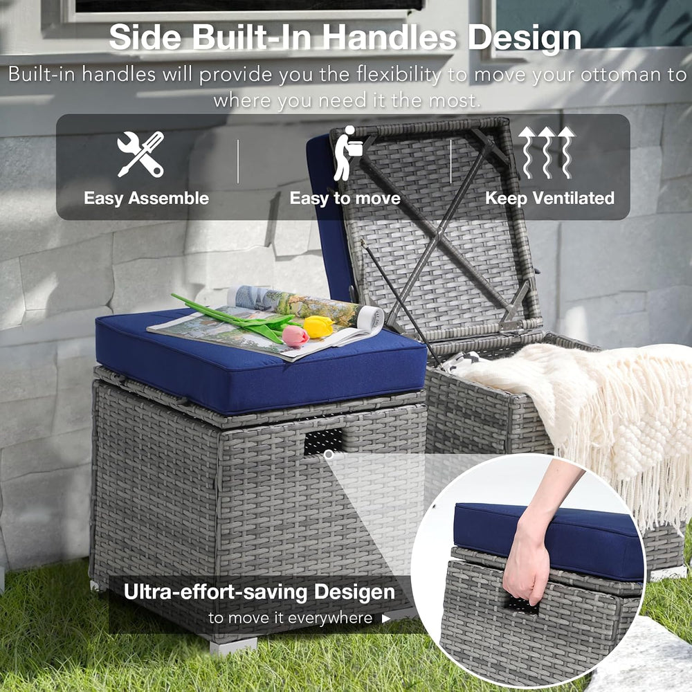 Patiorama 2 Piece Outdoor Patio Ottoman with Storage, Wicker, Navy Blue