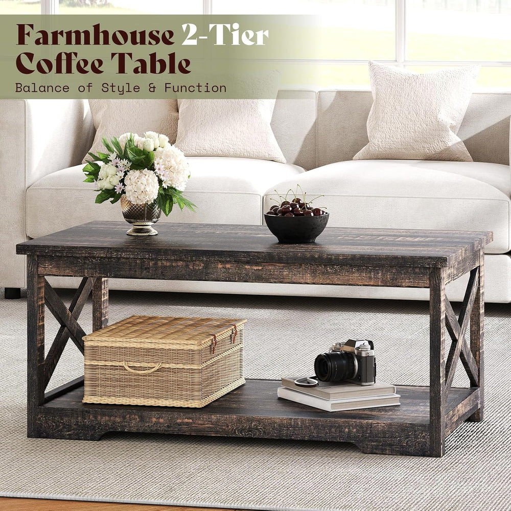 AMERLIFE 3 Piece Farmhouse Living Room Coffee Table Set, Dark Oak | Coffee Ta...