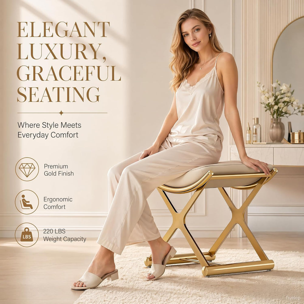 Makeup Vanity Stool Chair - Small Backless Leather Ottoman Bench Gold | With ...
