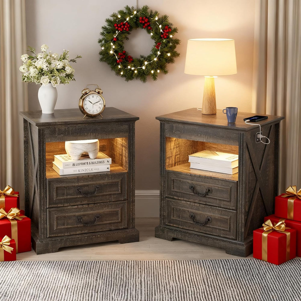 Nightstand Set 2 with Gun Drawer, Farmhouse Night Stand with LED Lights and H...