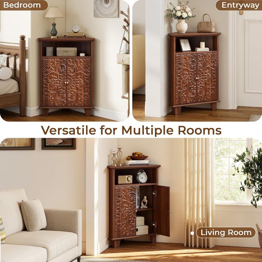 Corner Storage Cabinet, 31.5" Floral Accent Cabinet, Small Spaces, Walnut