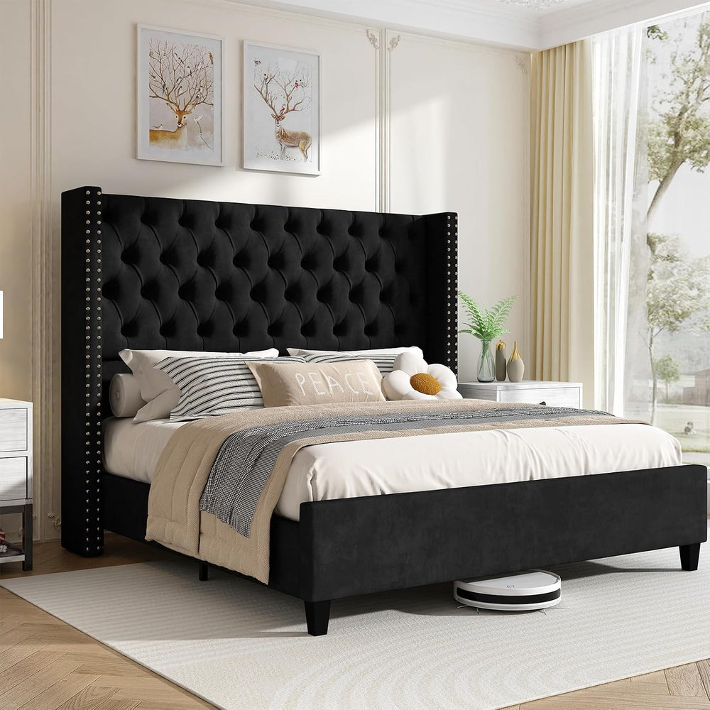 Jocisland Queen Size Bed Frame with 51.6" Velvet Wingback Headboard, Black