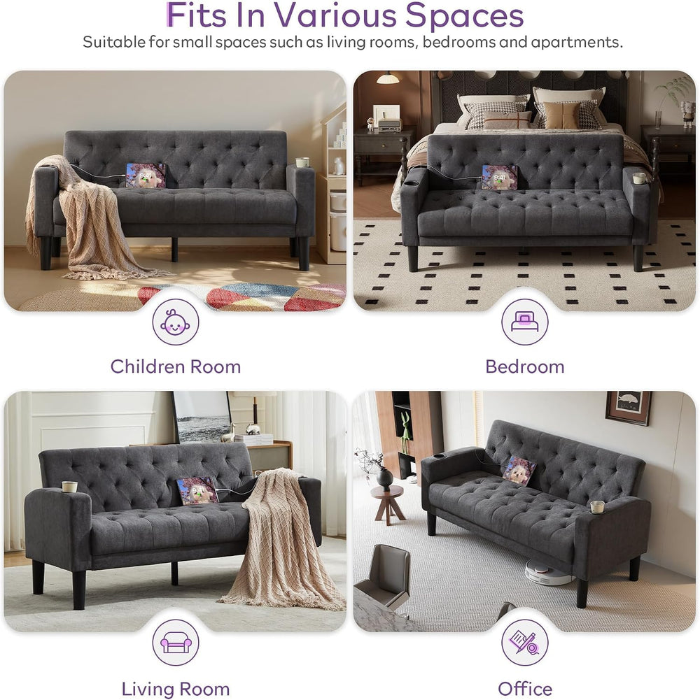Mid-Century Modern Tufted Loveseat Sofa Set w/ 2 USB & 2 Cupholders
