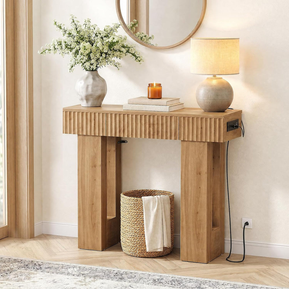 Unikito 39" Console Table with Storage Drawer and Outlets, Fluted Design...