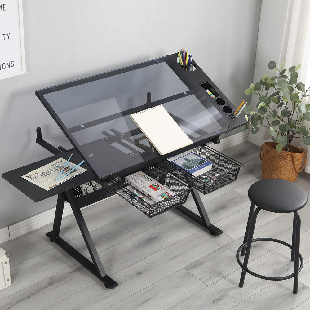 HomSof Adjustable Tempered Glass Drafting Printing Table with Chair,Black