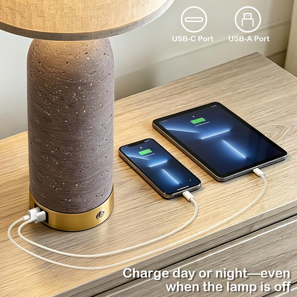 RORIA 25" Set of 2 Touch Farmhouse Table Lamps for Bedroom with USB C+A