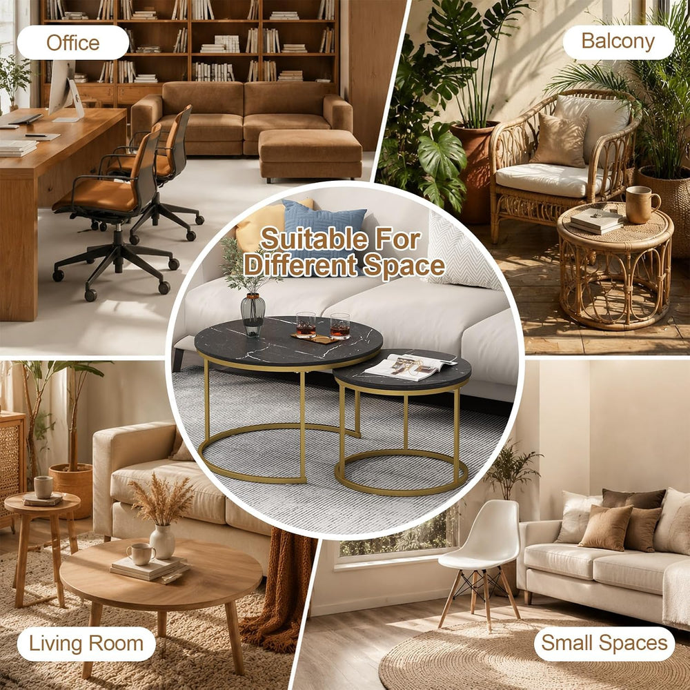 Nesting Coffee Table Set of 2, Wooden Marble Top (Black+Gold) | Nesting Table...