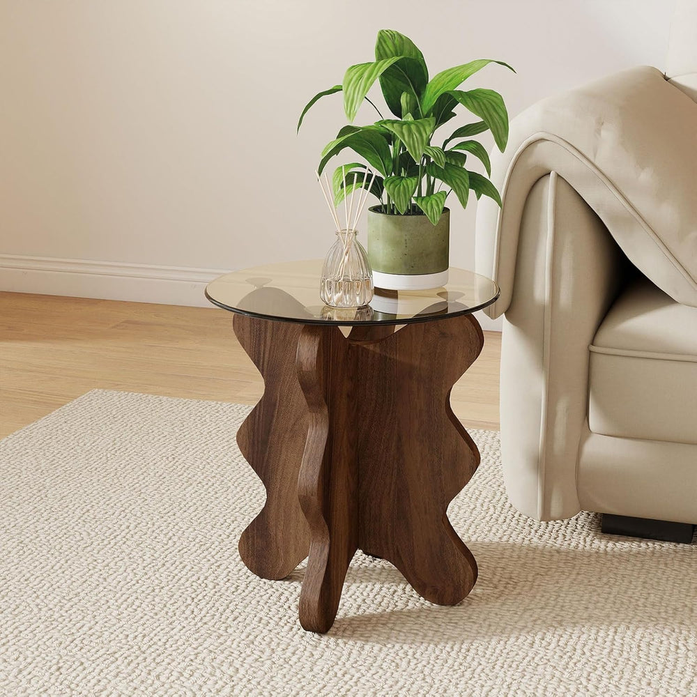 MDF Frame Side Table with Brown Tempered Glass Top, Mortise and Tenon Joint D...