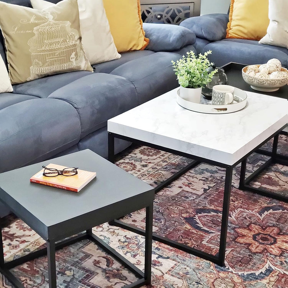 MAISON ARTS Nesting Coffee Table Set of 3, Marble White and Black | Rectangle...