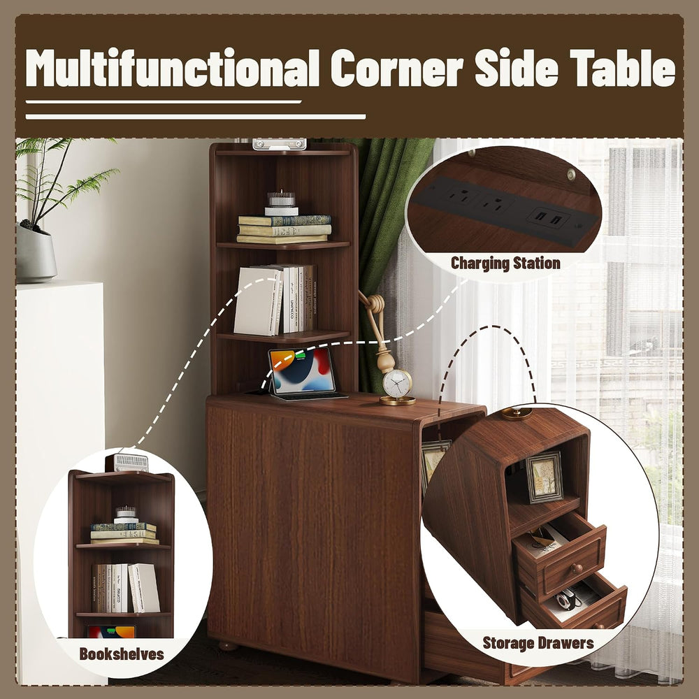 Walnut Corner Tables with Drawers & Open Shelves, Tall & Bedside Nigh...