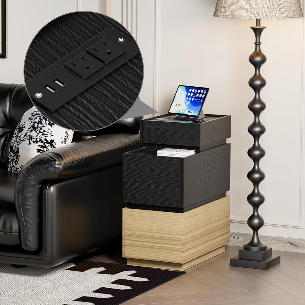 UEV End Table with Charging Station, Nightstand with Drawers and Storage, Nar...