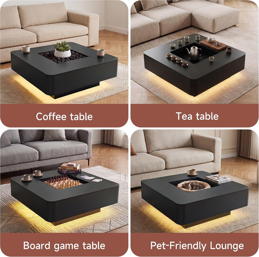 Square Coffee Table, 35.4" Modern Coffee Table with RGB LED Lights (Black)
