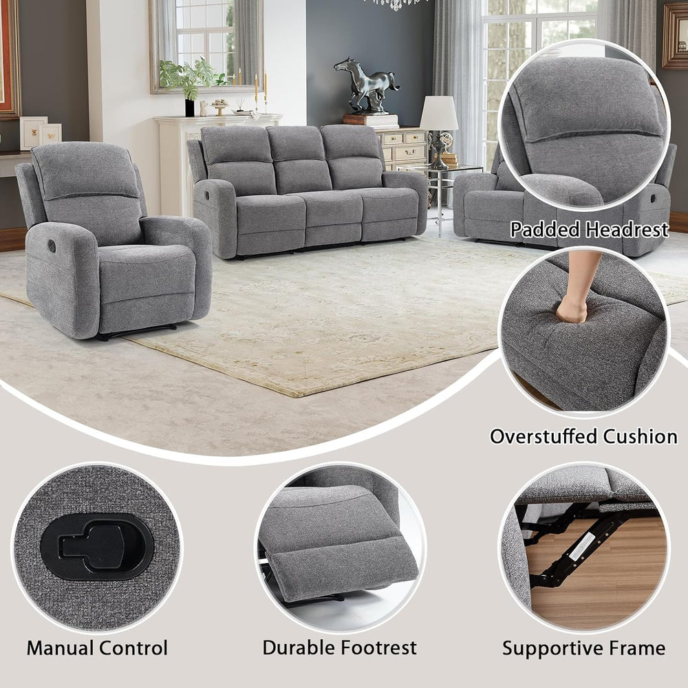 EBELLO Manual Living Room Furniture Reclining Couch Set, Fabric Recliner Chai...