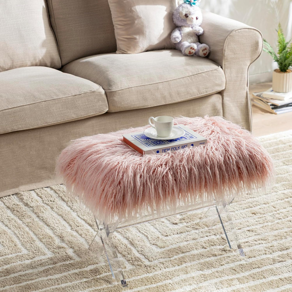 Glitzhome Ottoman Bench, Pink Faux Fur Ottoman Foot Rest, Modern Vanity Stool...