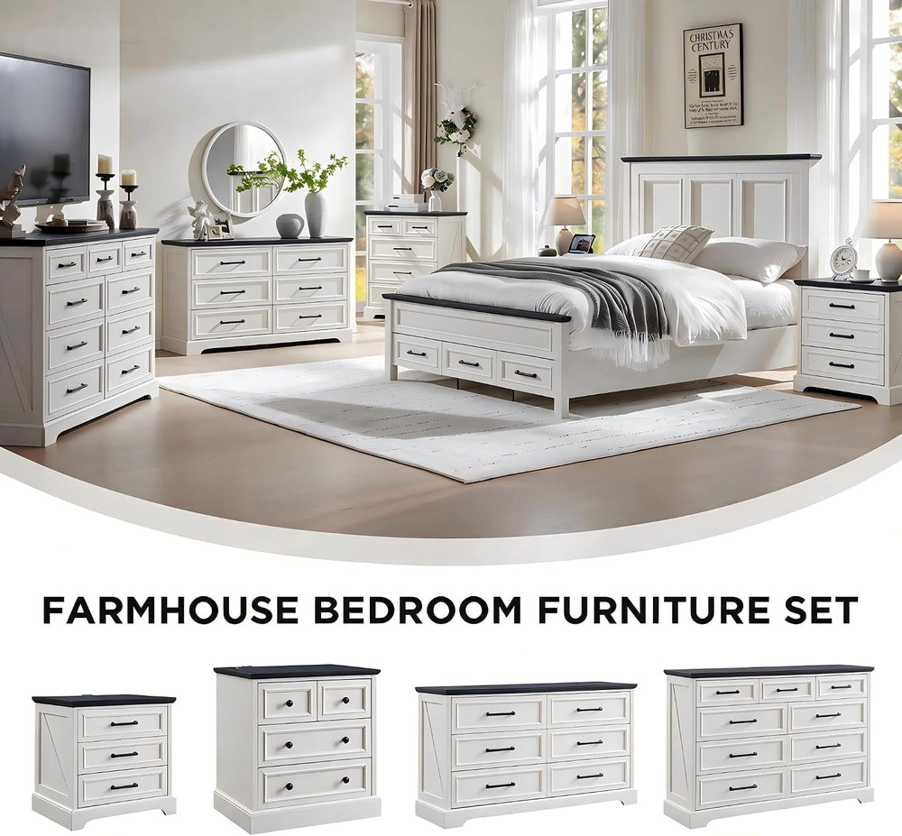 Farmhouse King Size Bed Frame with 53" Tall Headboard, Off White