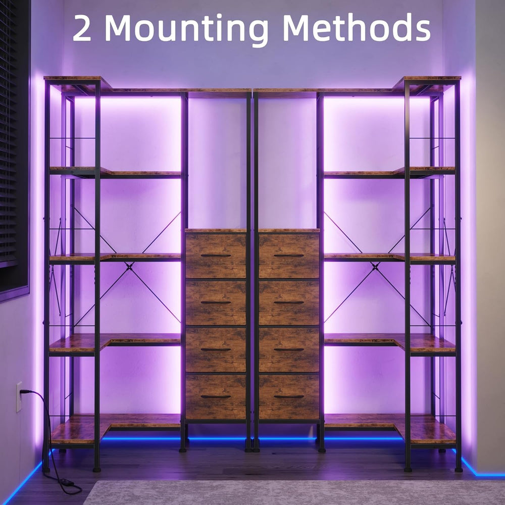 AFLUI 5-Tier Corner Bookshelf with LED Light Strips, 4 Fabric Drawers