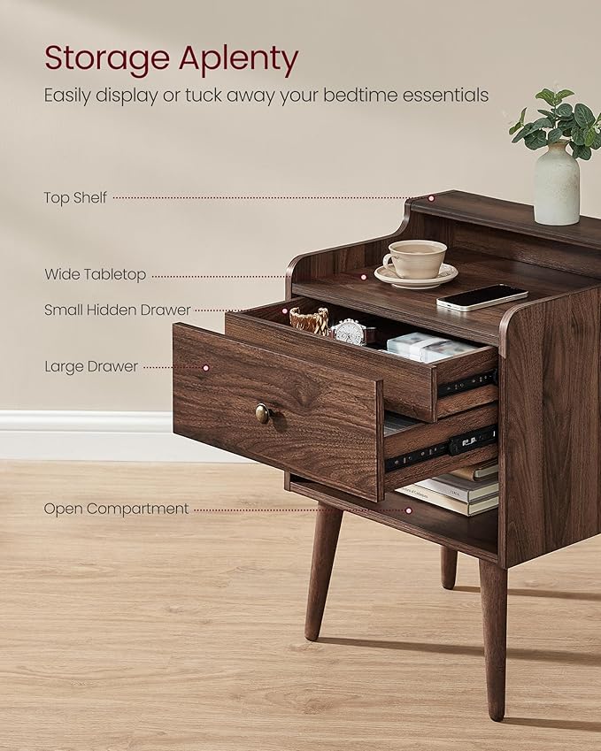VASAGLE Nightstands, Set of 2, Bedside Tables with Hidden Drawers, Mid-Centur...