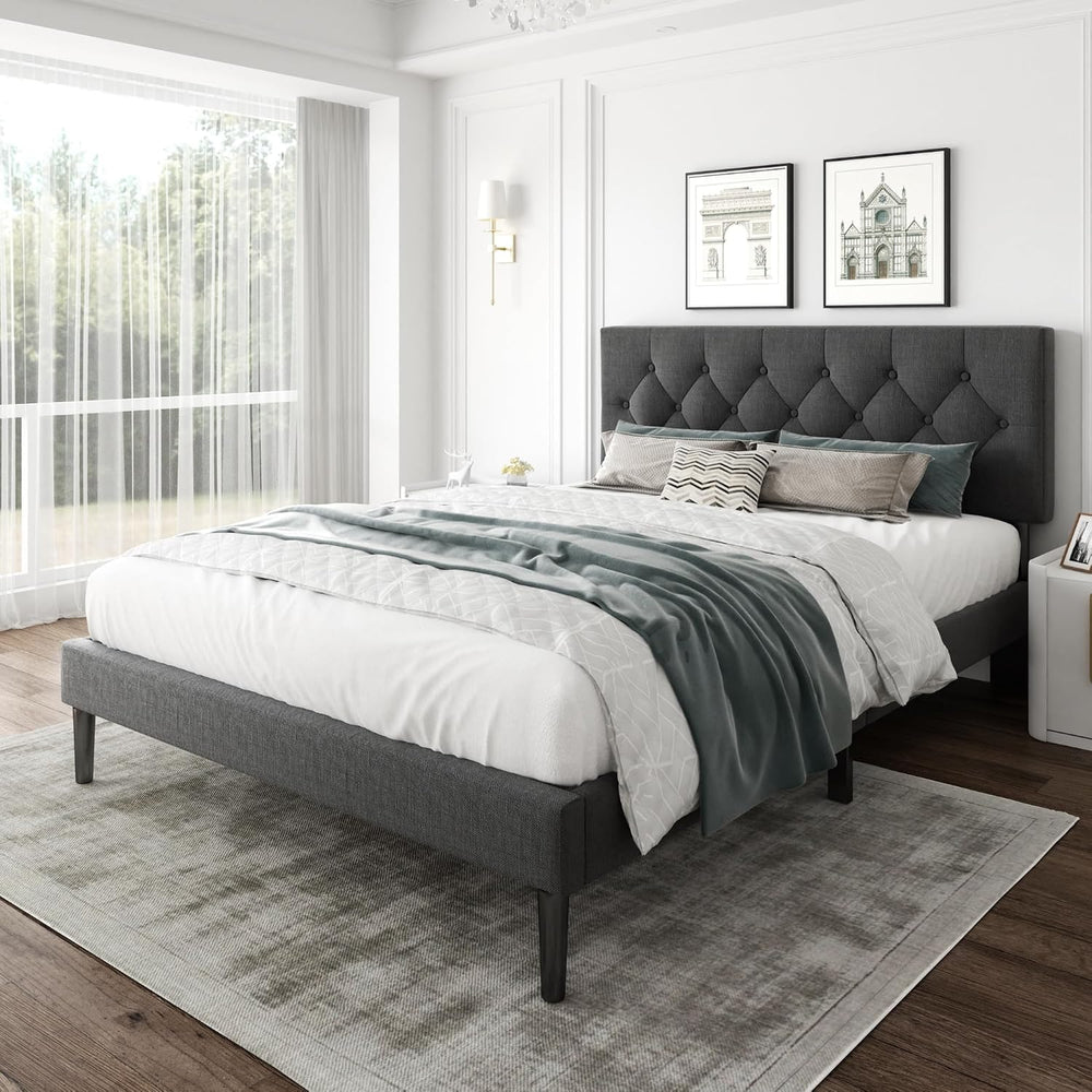 CXVX Full Size Platform Bed Frame with Upholstered Headboard, Button Tufted D...