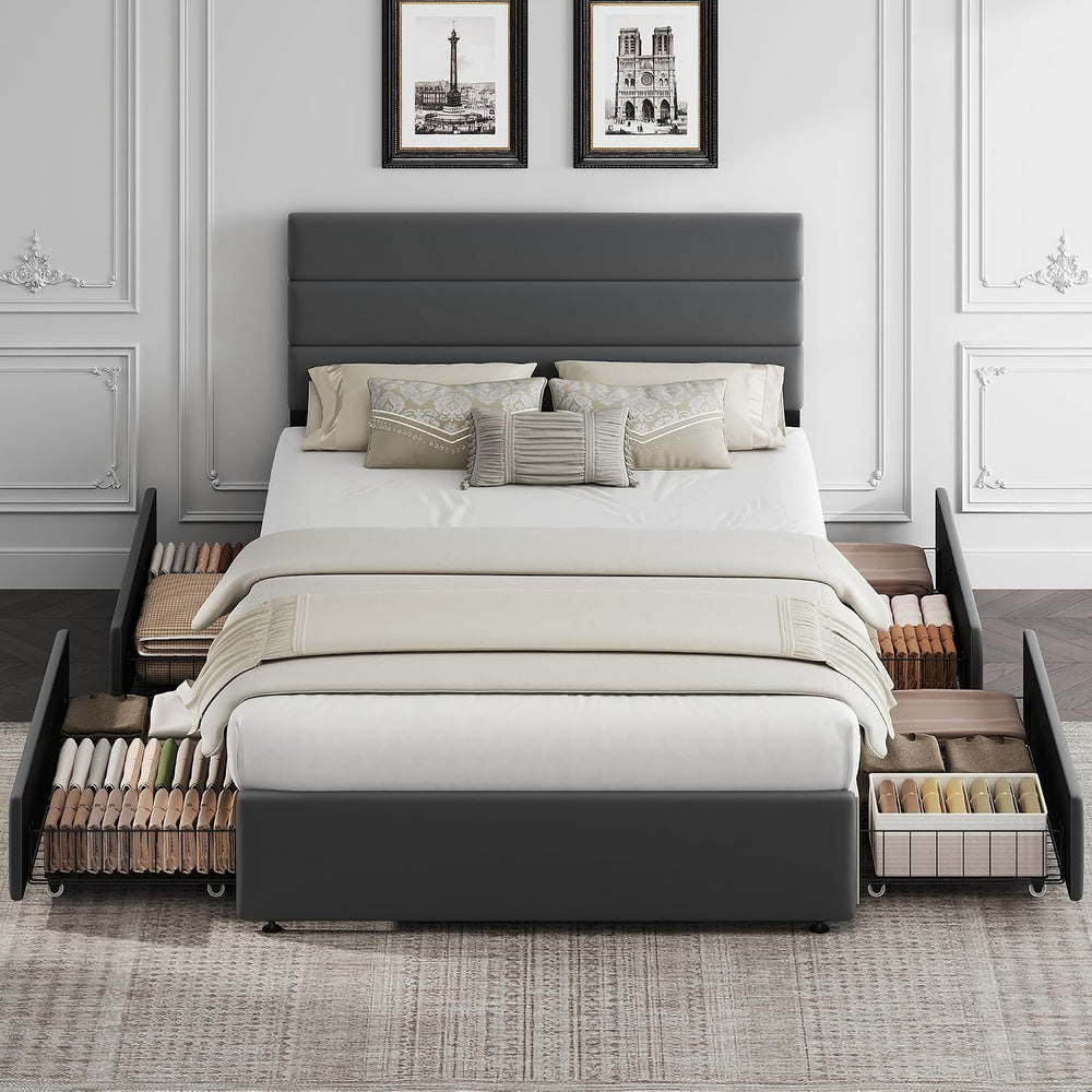 WLIVE Full Size Upholstered Bed Frame with 4 Storage Drawers and Headboard, V...