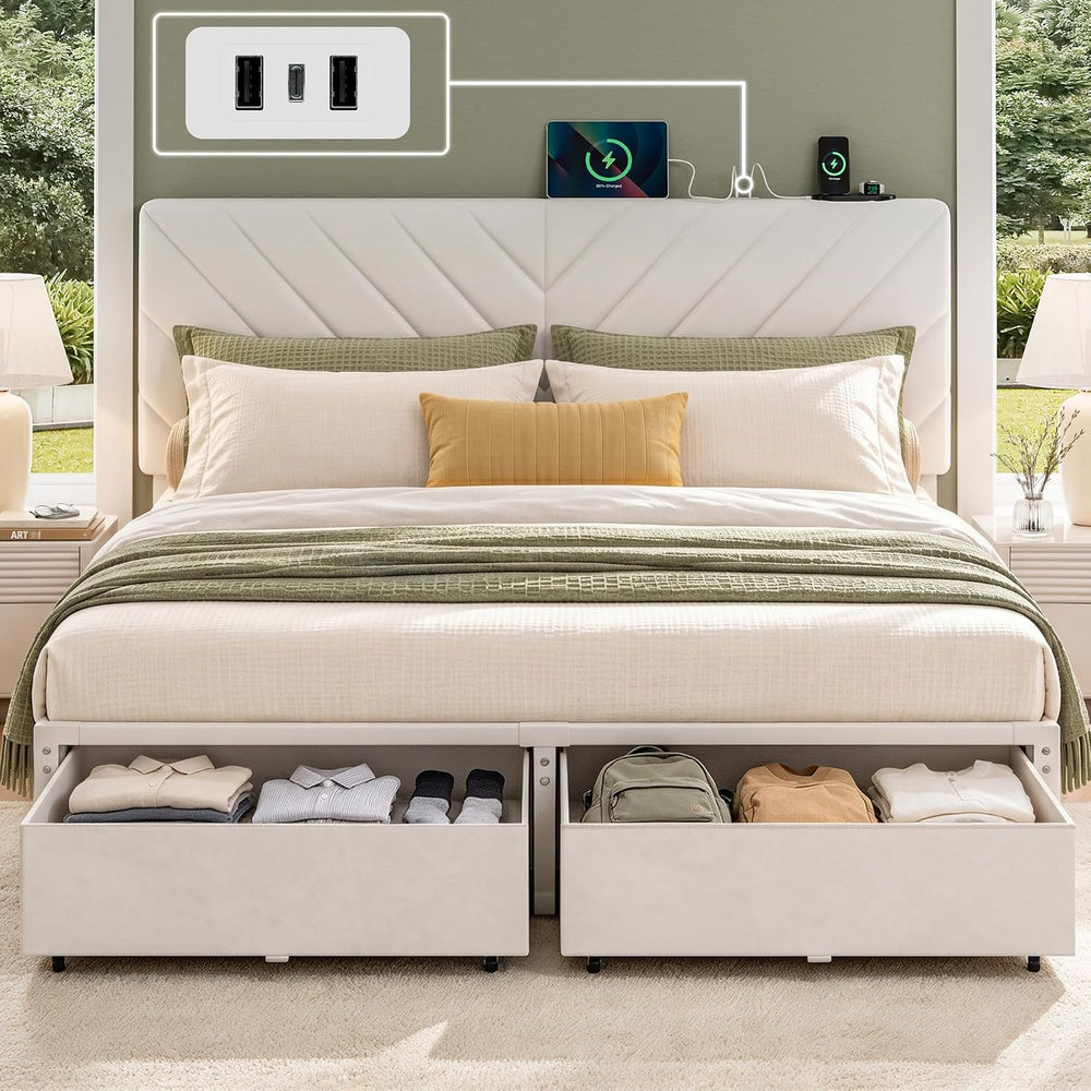 Queen Bed Frame with 2 Storage Drawers, White Velvet Upholstered