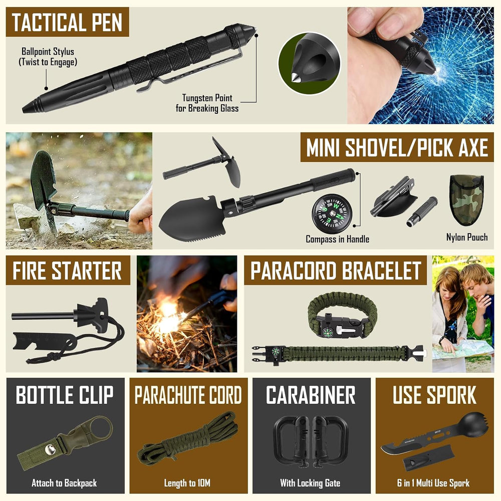 Survival Kit–219Pcs Bug Out Bag with First Aid Kit, Crossbody Bag, Axe, LED C...