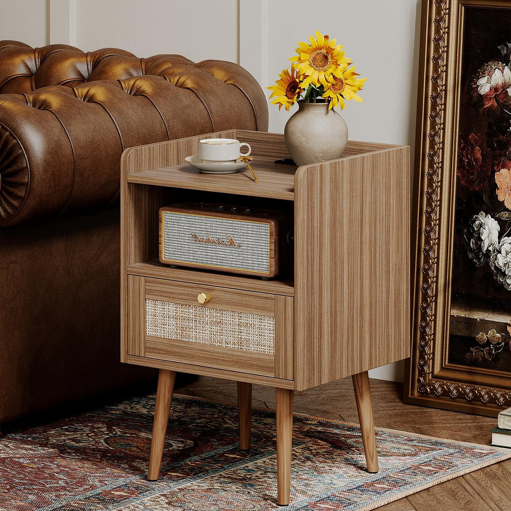 MECHYIN Night Stand Set 2, Nightstands Set of 2 with Charging Station, Rattan...