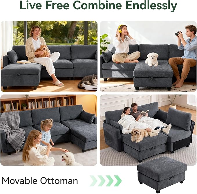109'' Modular Sectional Sofa, L Shaped Couch with Storage Ottoman, Co...