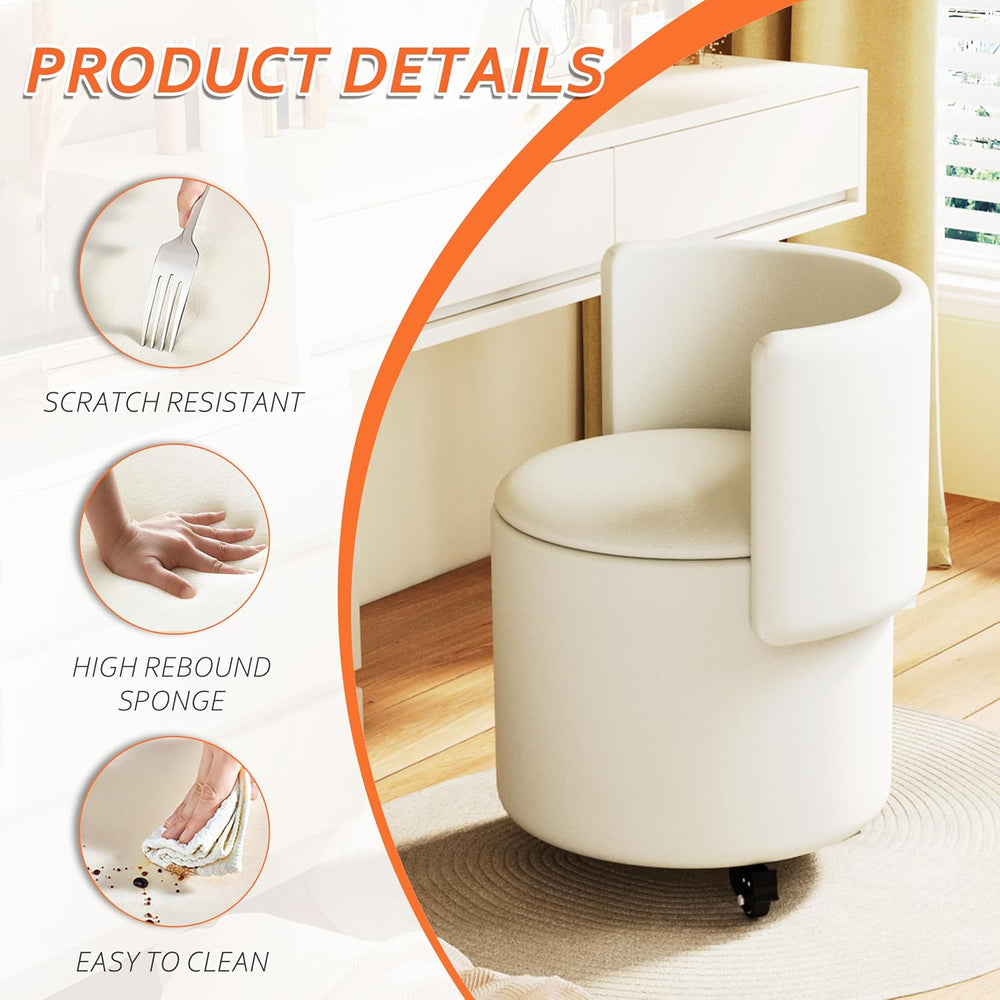 Round Vanity Chair with Storage, Rolling PU Leather Swivel Work Makeup Stool ...