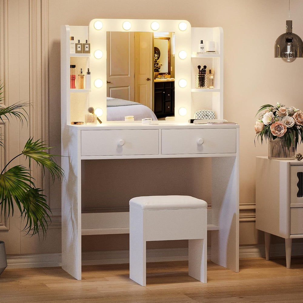 Haewon Makeup Vanity Desk with Lighted Mirror and Chair Set, White | 10 LED L...