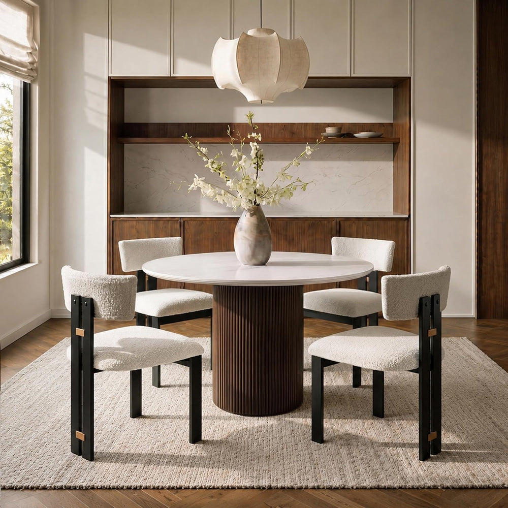 42 Inch Round Dining Table for 4, Modern White Marble Table with Fluted Solid...