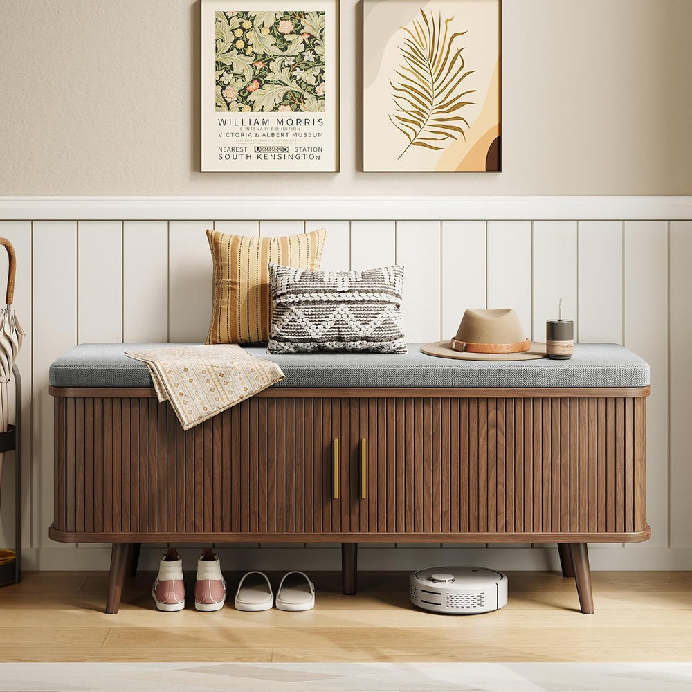 Decofy Shoe Storage Bench with Cushion and Sliding Doors, 47.2 Inch Shoe Benc...