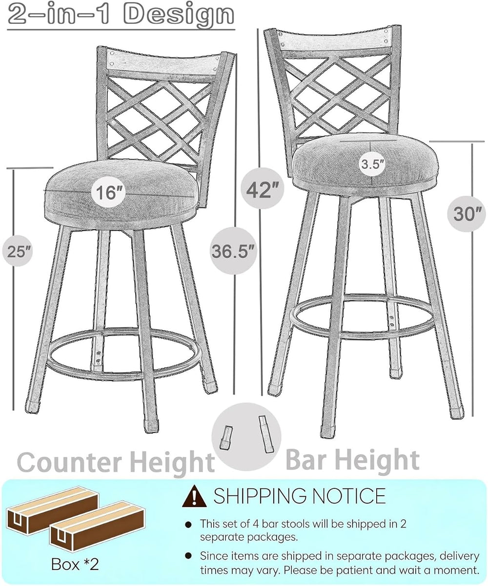 Farmhouse Bar Stools with Backs Set of 4, 2-in-1 Adjustable 25"/30"...