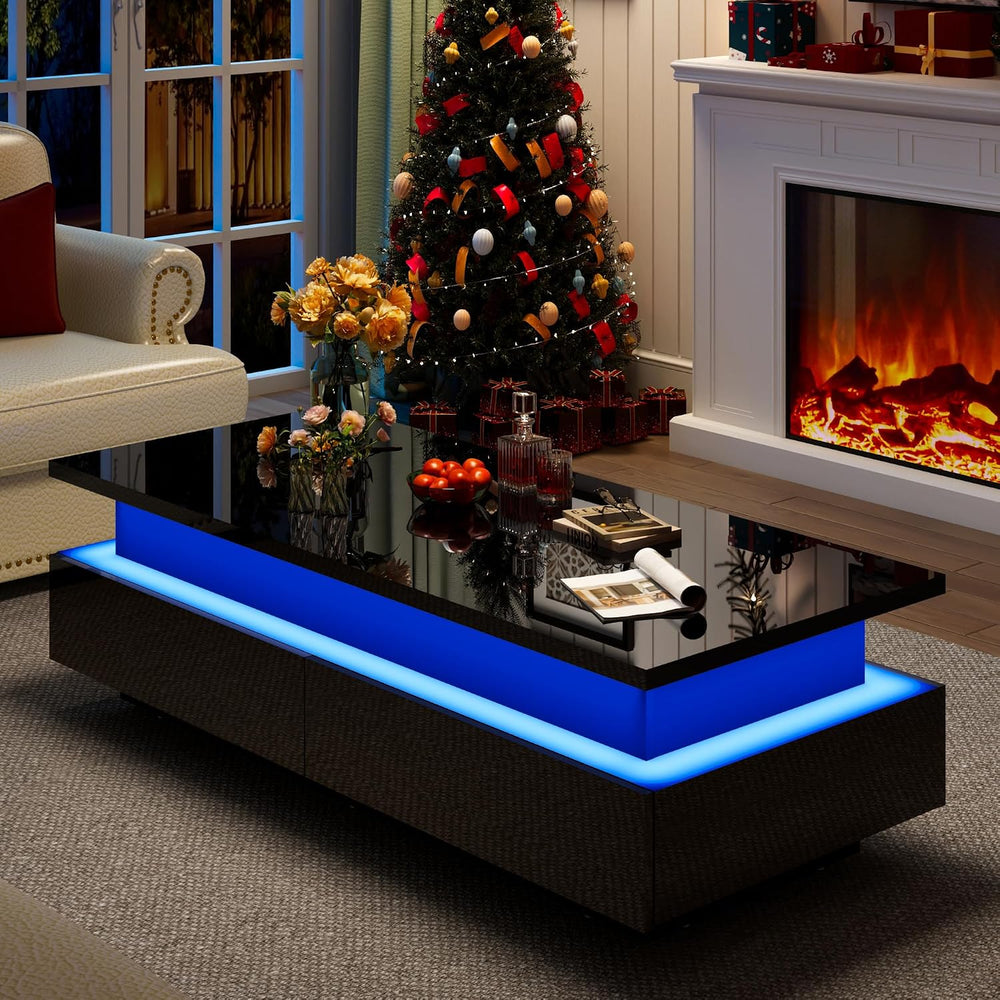 55" Large Lift Top Coffee Table, LED High Glossy Coffee Table Black