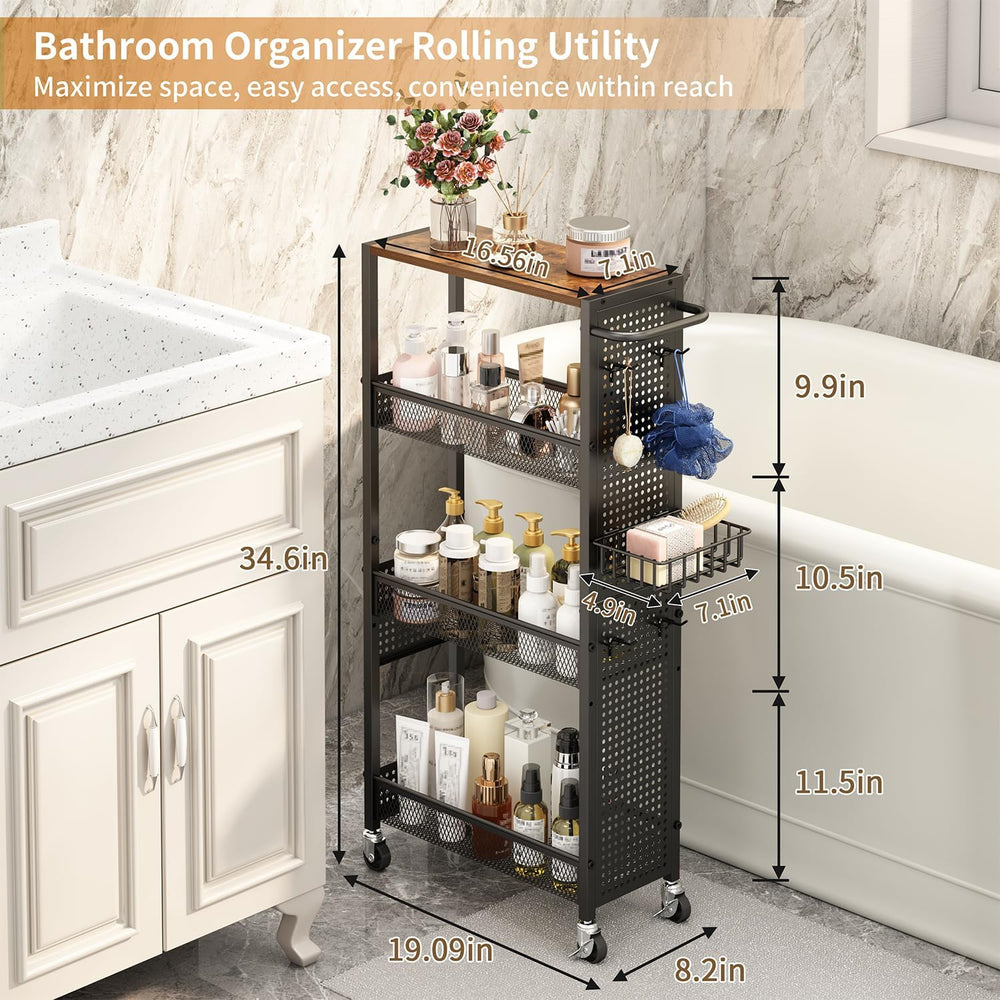 Slim Storage Rolling Cart: 4-Tier Narrow Metal and Wood Utility Cart with Whe...