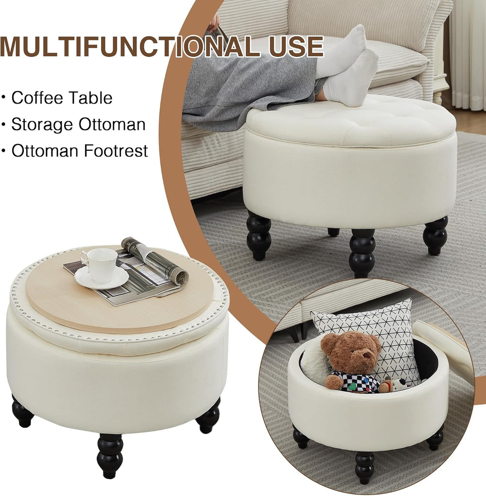 24 Inch Fabric Round Ottoman with Storage, Modern Upholstered Button Tufted O...