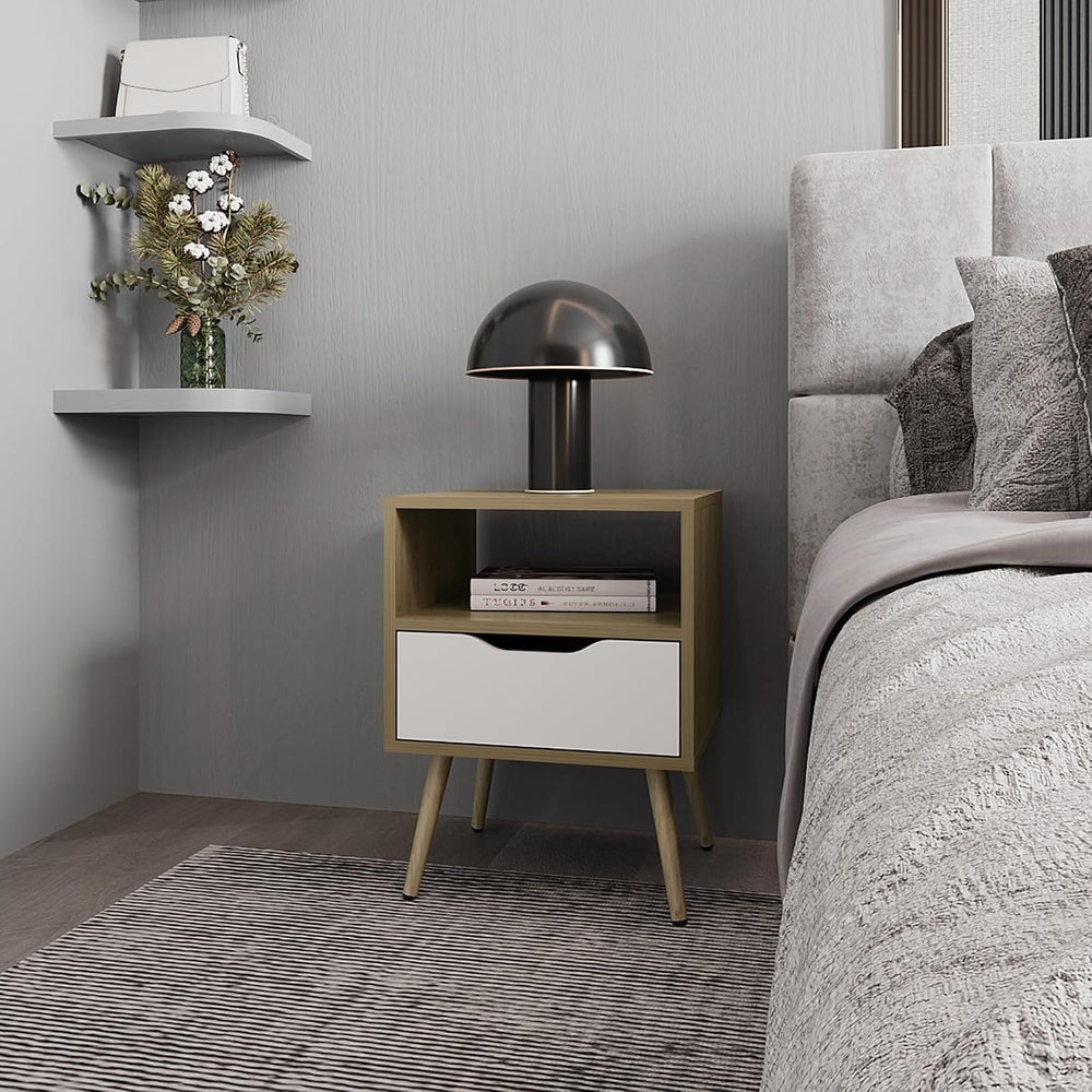 Nightstand with Open Storage, Natural Oak and White,for Small Spaces