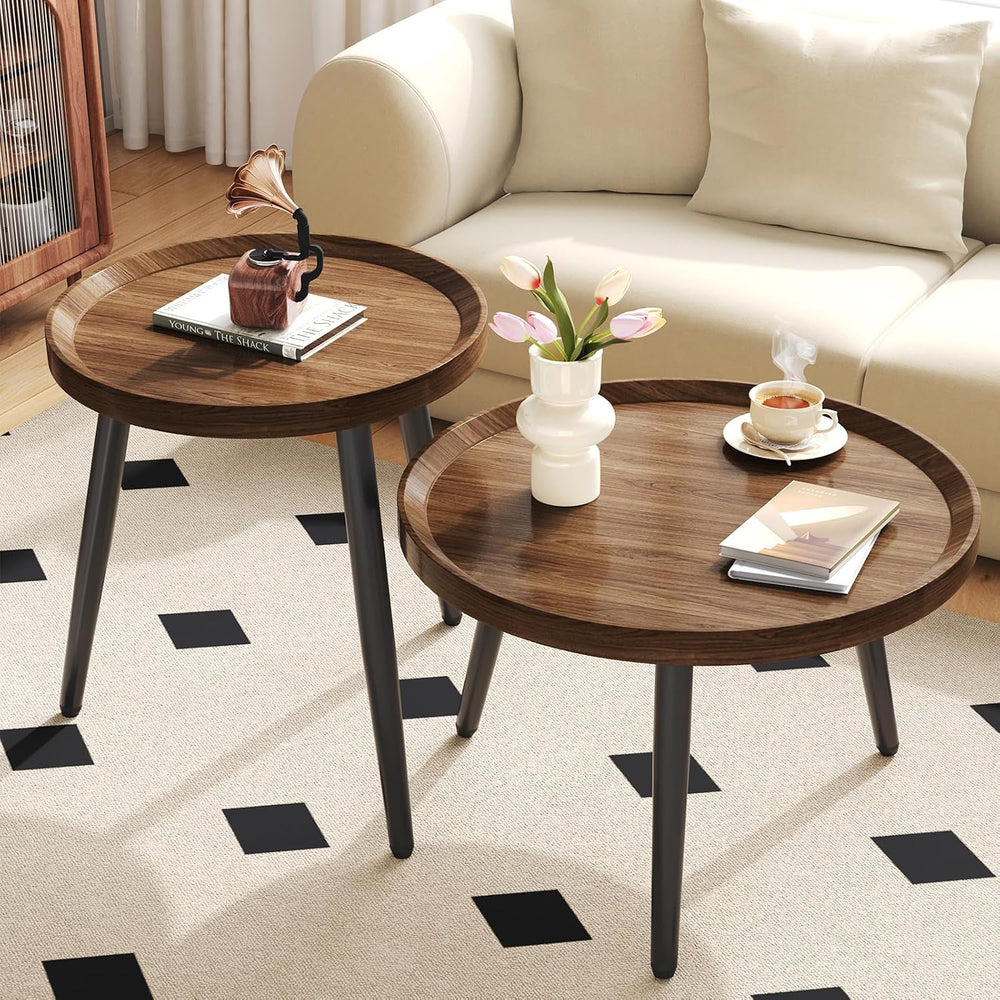 2PCS Small Round Coffee Table Set, Walnut Mid Century Modern Nesting Tables |...