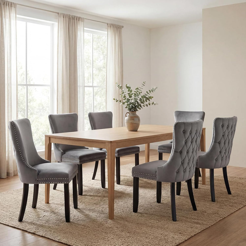 Gray Velvet Dining Chairs Set of 6, Fabric Upholstered Kitchen & Dining R...