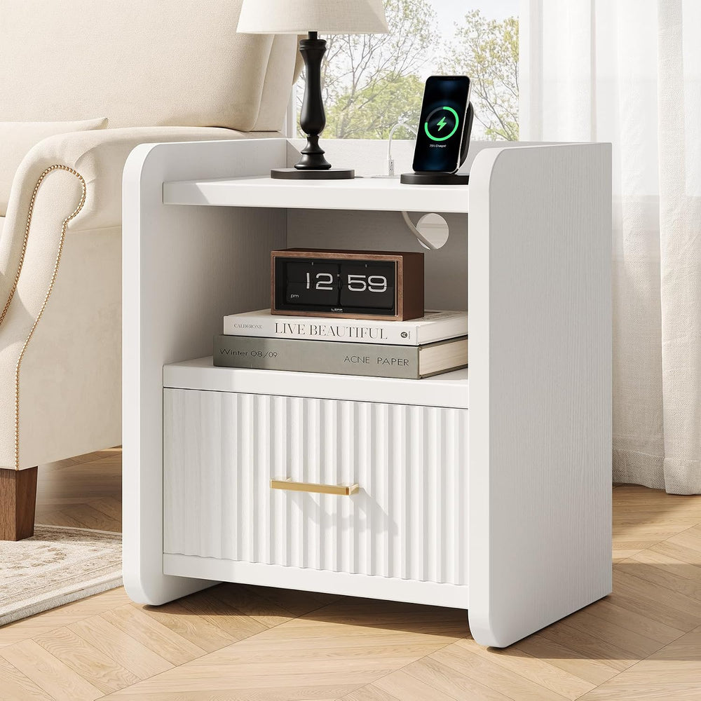 Night Stand with Charger Station - Modern Wood Nightstand with Drawer Storage...