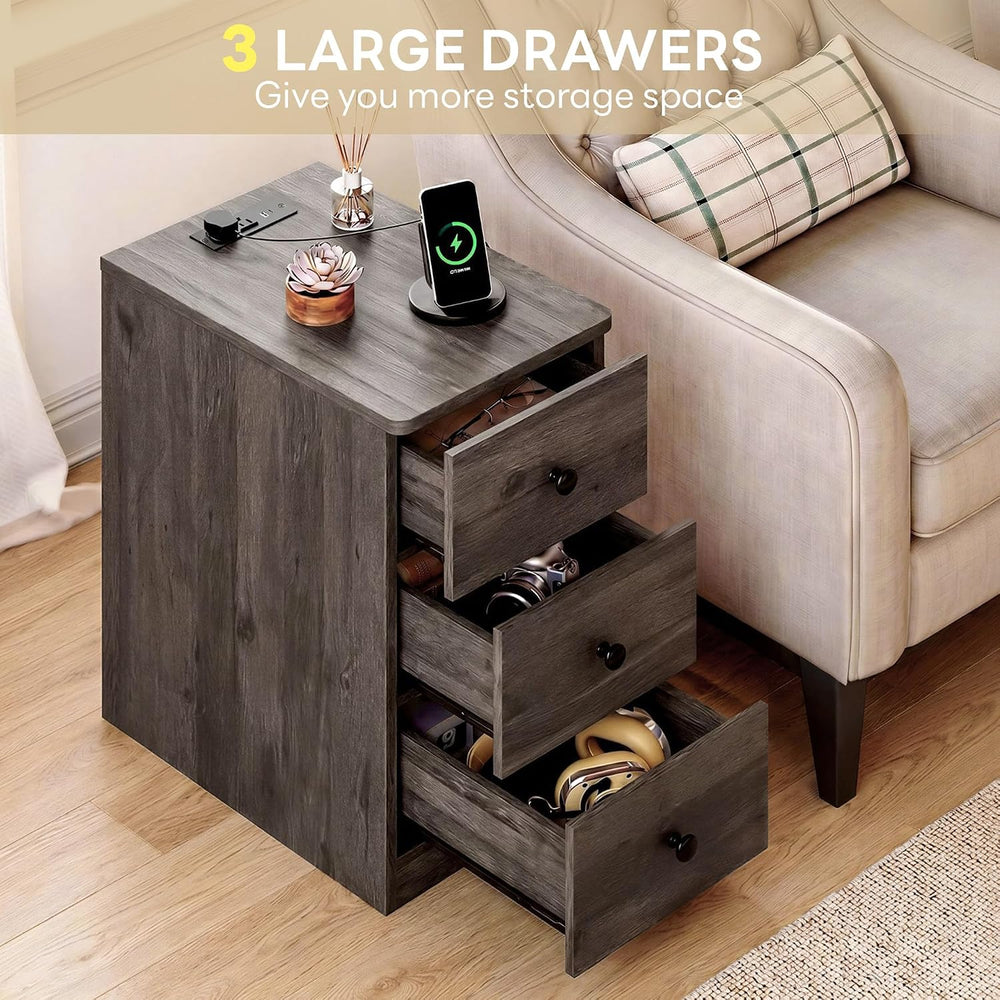 LIKIMIO Nightstand with Charging Station, 3 Drawers Modern for Bedroom